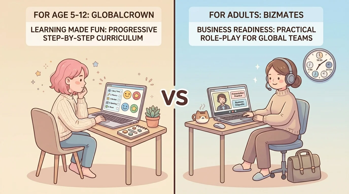 GLOBAL CROWN vs Bizmates｜子ども英語 vs ビジネス英語、目的で選ぶ比較【2026年版】