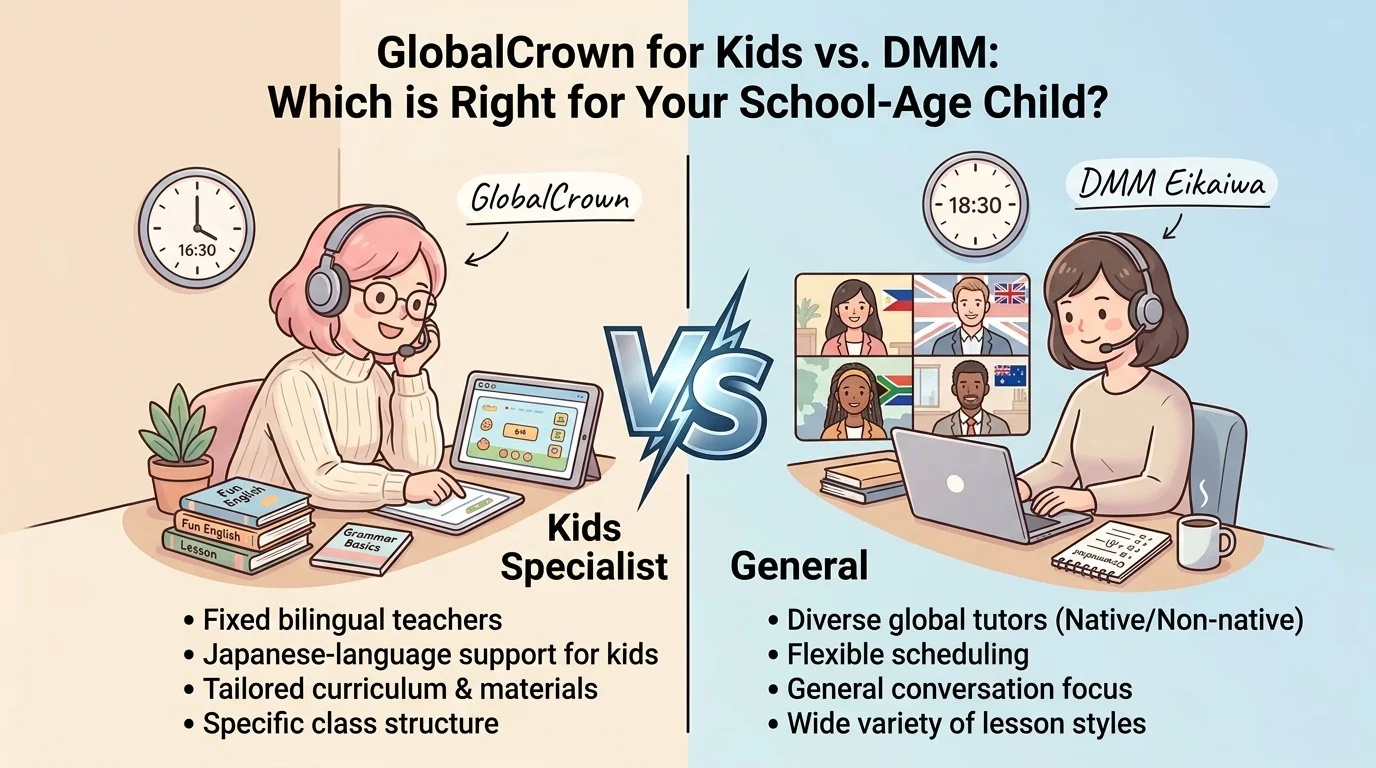 GLOBAL CROWN vs DMM英会話｜子ども専門 vs 総合型を徹底比較【2026年版】