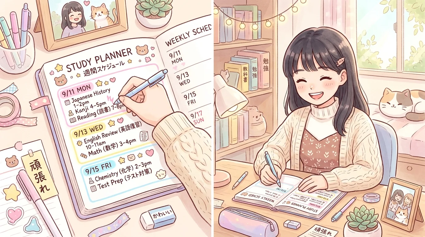 週3回の受講スケジュールを手帳に書き込むイメージ