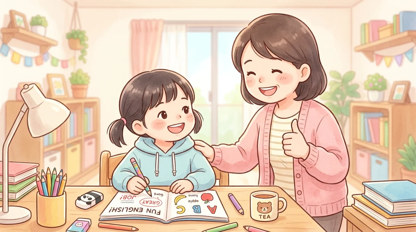 親が子供の英語学習を励ましているイメージ