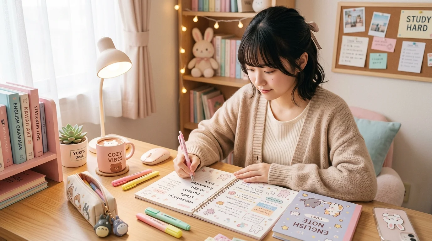 レッスン後にノートで英語表現を復習するイメージ